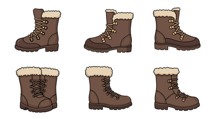 Collection of six brown winter boots with fur lining and laces.