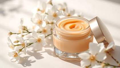Luxury Face Cream Jar with White Flowers – Natural Skincare Product Mockup