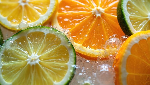 Macro close-up of vibrant citrus slices, lemon and orange, submerged in sparkling carbonated water. Abundant bubbles cling to juicy fruit texture. Refreshing cold drink, healthy summer beverage.