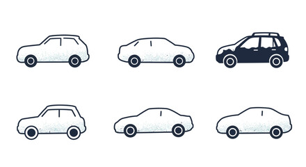 Collection of Six Diverse Car Silhouettes in White and Black.