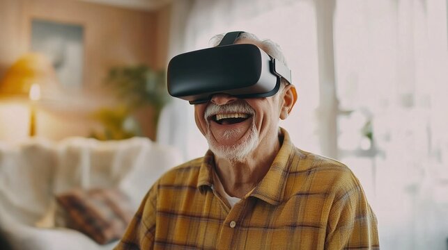 Senior Man Wearing VR Glasses To Experience Virtual Reality - Material For Scene Of Technology Integrating With Elderly Life