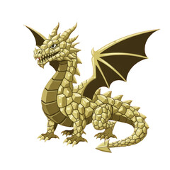Fototapeta premium A stylized, gold-hued dragon, with intricate scales, dominates a black background.