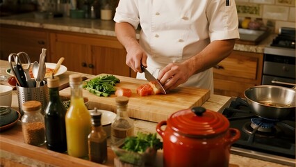 Chef slicing tomatoes on a wooden cutting board in a well-equipped kitchen