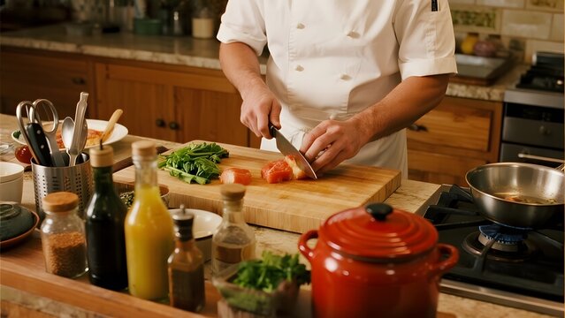 Chef slicing tomatoes on a wooden cutting board in a well-equipped kitchen