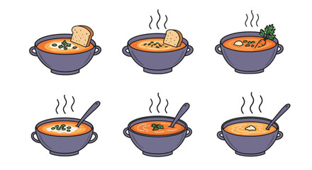 Collection of various hot steaming soup bowls with different garnishes.