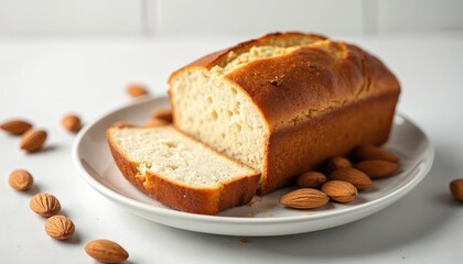 Golden brown gluten free almond flour loaf on white plate surrounded by whole almonds. This healthy homemade baked bread is a delicious grain free option for breakfast or snack.