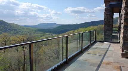 Fototapeta premium Stunning view from a modern balcony overlooking lush green mountains under a blue sky.