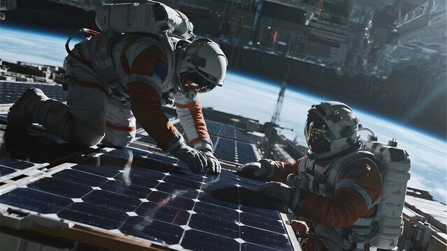 Astronauts Working on Solar Panels in Space