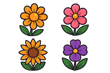 Set of cute cartoon flowers. Colorful flat flower icon collection. Vector illustration of blooming plants like sunflower and daisy for spring or summer design elements.