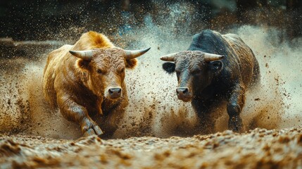 Fototapeta premium Bulls charging, muddy arena, splashing, conflict, action shot, stock photo