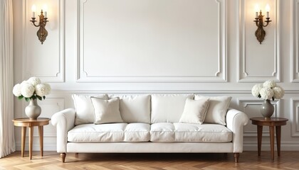 French country living room features plush white sofa with linen cushions. Warm wood floor, wall sconces emitting soft light create cozy ambiance. White hydrangeas in vases add natural elegance to