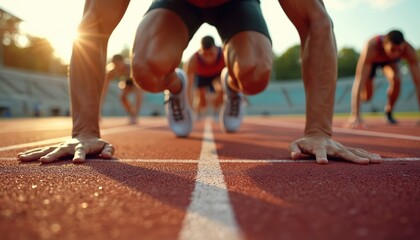 Athletes tense on starting line, hands gripped, ready for decisive race. Dynamic shot conveys energy, power, intense focus before sprint. Sun flares highlight determination, readiness for competition.