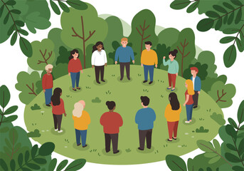 Group therapy session outdoors focusing on eco-anxiety and mental wellness, a visual representation of climate psychology in action