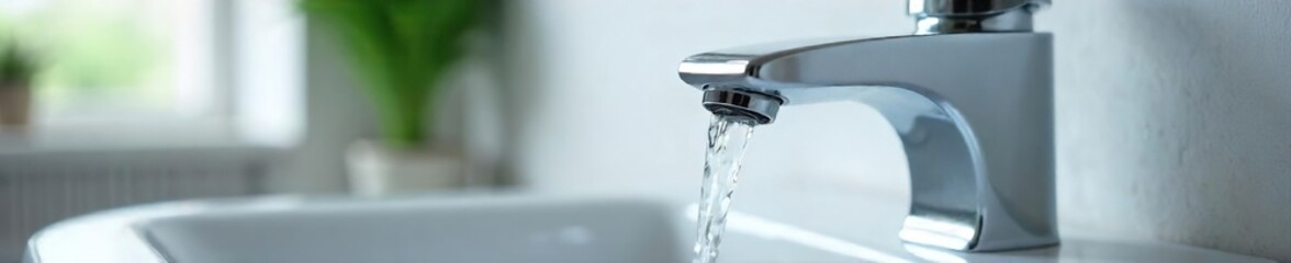 Close-up of a modern chrome bathroom faucet with sleek, minimalist design, water gently flowing  Perfect for home improvement, interior design, and plumbing websites ,  bathroom decor,  minimalist