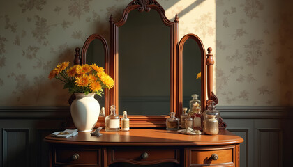 Antique wooden vanity with triptych mirror, adorned with bouquet of yellow flowers in white vase. Vintage toiletries like perfume bottles, jars rest on polished surface. Elegant floral wallpaper