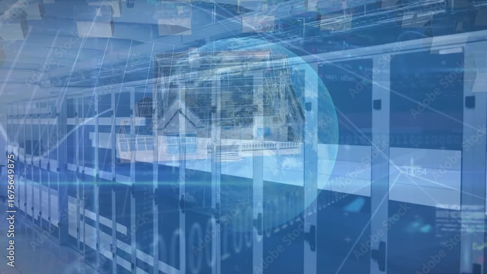 Aufkleber animation of data processing with globe over digital houses and server room