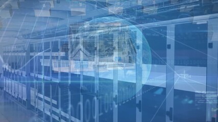 Animation of data processing with globe over digital houses and server room - Powered by Adobe