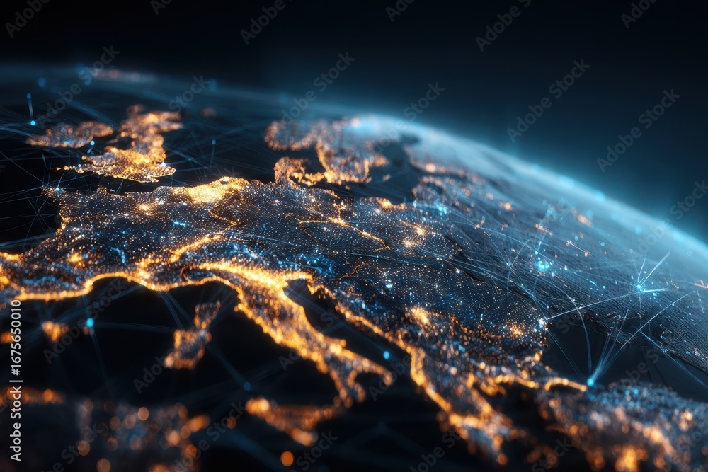Aufkleber global data visualization over europe showcasing illuminated cities and interconnected networks at g