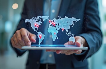 Businessman holds tablet displaying digital world map with location markers. Global positioning system, navigation, communication concept. Futuristic cyberspace travel technology for business,