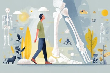 Paget's disease of bone awareness infographic illustrating skeletal system, human figure, and elements representing health and movement in a vibrant layout