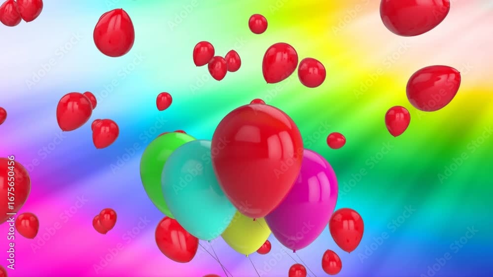Poster animation of hexagon patterns and flying balloons against gradient background
