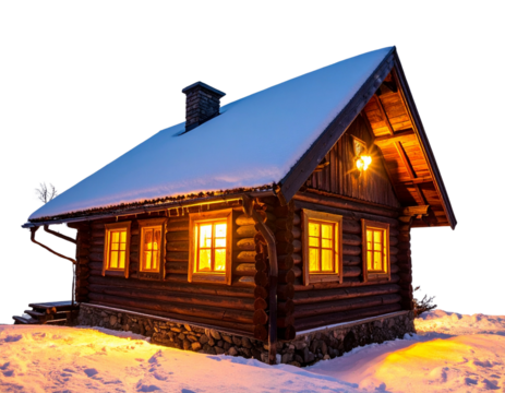  Winter Log Cabin at Night with Glowing Windows, Transparent PNG