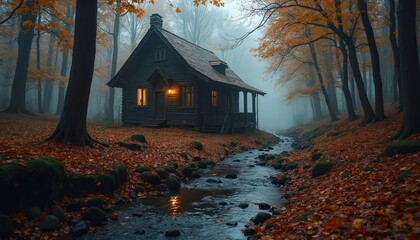 Cozy wooden cabin nestled in autumnal forest, beside flowing stream. Warm light emanates from windows, contrasting with misty, cool atmosphere. Fallen leaves carpet ground, enhancing serene, rustic