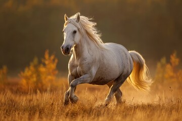 White horse gallops gracefully through a golden field at sunset in a peaceful rural landscape