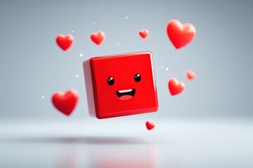 Cute Red Robot Character Surrounded by Floating Hearts in Bright Studio Setting