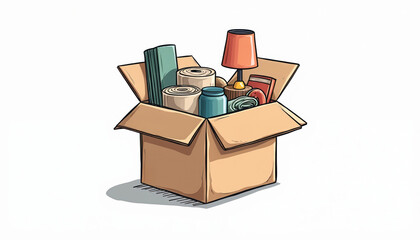 Illustration shows cardboard box filled with household items for moving. Contents include lamp, books, jars, rolls of packing material. Box open, ready for transport unpacking, home office relocation