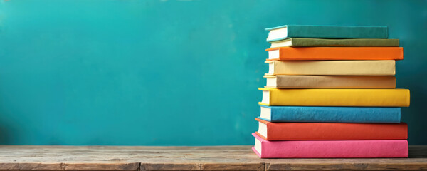 Stack of colorful books on rustic wooden table against vibrant teal wall. Collection includes textbooks, literature, children books, suggesting themes of education, learning, reading. Perfect for