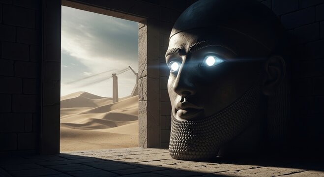 A surreal and mysterious image of a stone head with glowing eyes peering out through an open doorway, overlooking a desolate desert landscape.