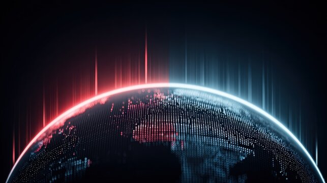 Digital Globe with Red and Blue Light Streaks on Black Background - Powered by Adobe