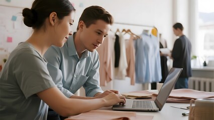 Two individuals collaborating on a laptop in a fashion design studio