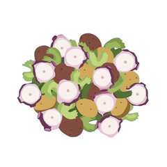 Colorful illustration of a vibrant mix of sliced potatoes, onions, and celery, showcasing a hearty and healthy dish.
