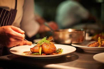 Professional chef plating gourmet dish with vibrant ingredients for elegant dining experience