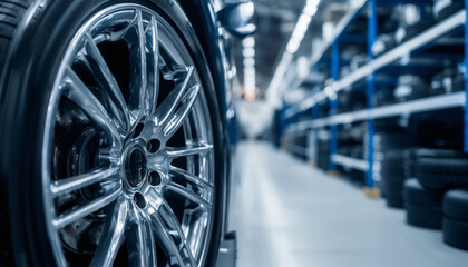 Car wheel with silver rim and black tire in front of blue rack filled with stacked tires captured in soft lighting and shallow depth of field for clean professional auto scene
