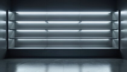Sleek empty metal display shelves illuminated by glowing white neon lights create futuristic, high-tech ambiance in modern interior space. Clean, minimalist design emphasizes geometric lines,