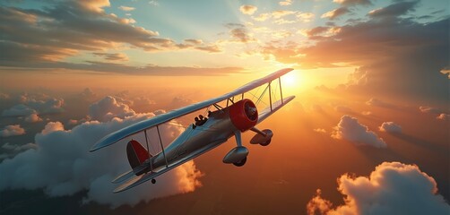 Vintage biplane flies through sky during sunset. Wide angle shot with fisheye lens shows aircraft among clouds. Retro old-fashioned aviation theme with dramatic sun rays.