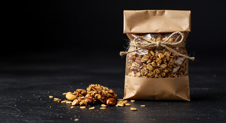 Homemade granola with mixed nuts and oats in a rustic paper bag package on a dark background. Healthy breakfast food concept