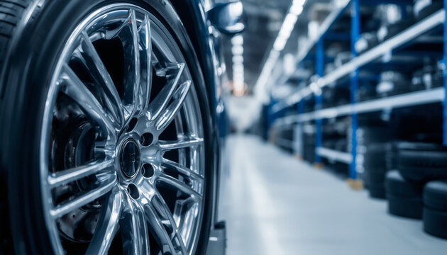 Car wheel with silver rim and black tire in front of blue rack filled with stacked tires captured in soft lighting and shallow depth of field for clean professional auto scene