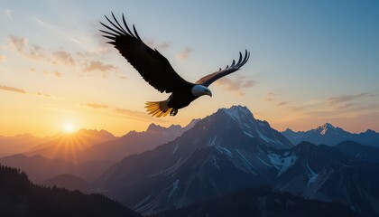 Fototapeta premium Majestic bald eagle soars above stunning mountain range at sunrise, symbolizing freedom and power