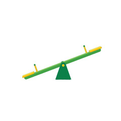 A vibrant green and yellow seesaw against a black background, showcasing a simple playground toy.