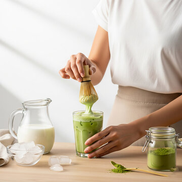 A modern and inviting shot of an Asian woman's hands making an iced matcha green tea latte at home