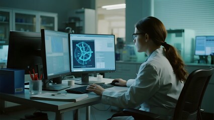 Scientist analyzing data on computer monitors in a laboratory setting