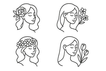 Set of beautiful woman face line art logo designs. Collection of female head silhouettes with flowers for beauty salon, spa, cosmetics, wellness. Elegant minimalist vector icons.