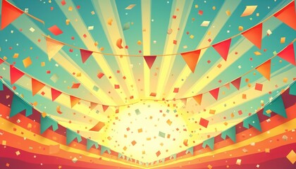 Festive explosion of colorful confetti, bunting flags against vibrant sunburst background. This cheerful illustration captures of celebration, perfect for party designs, banners, event announcements.