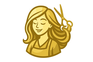 Hair salon logo with a woman's face and scissors. Gold gradient vector illustration for a beauty parlor or hairstylist. Happy female character mascot for a modern barbershop.