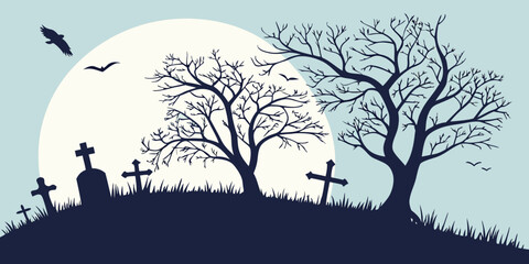 Spooky Halloween Graveyard Scene with Silhouetted Trees Tombstones and Birds Against a Full Moon on a Light Blue Background Illustration