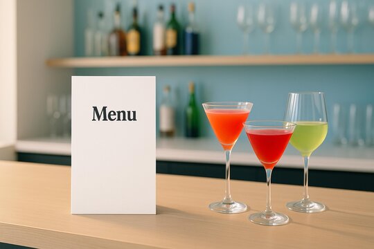 Elegant Menu Mockup on Bar Counter with Colorful Cocktails